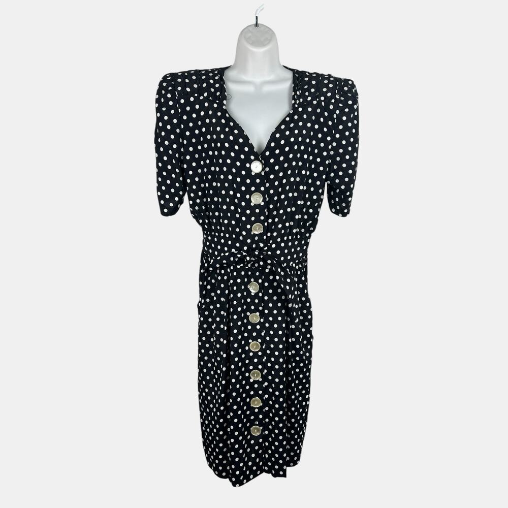 E.D. Michaels Polka Dot Midi Dress 13/14 Black White Rayon Vintage USA